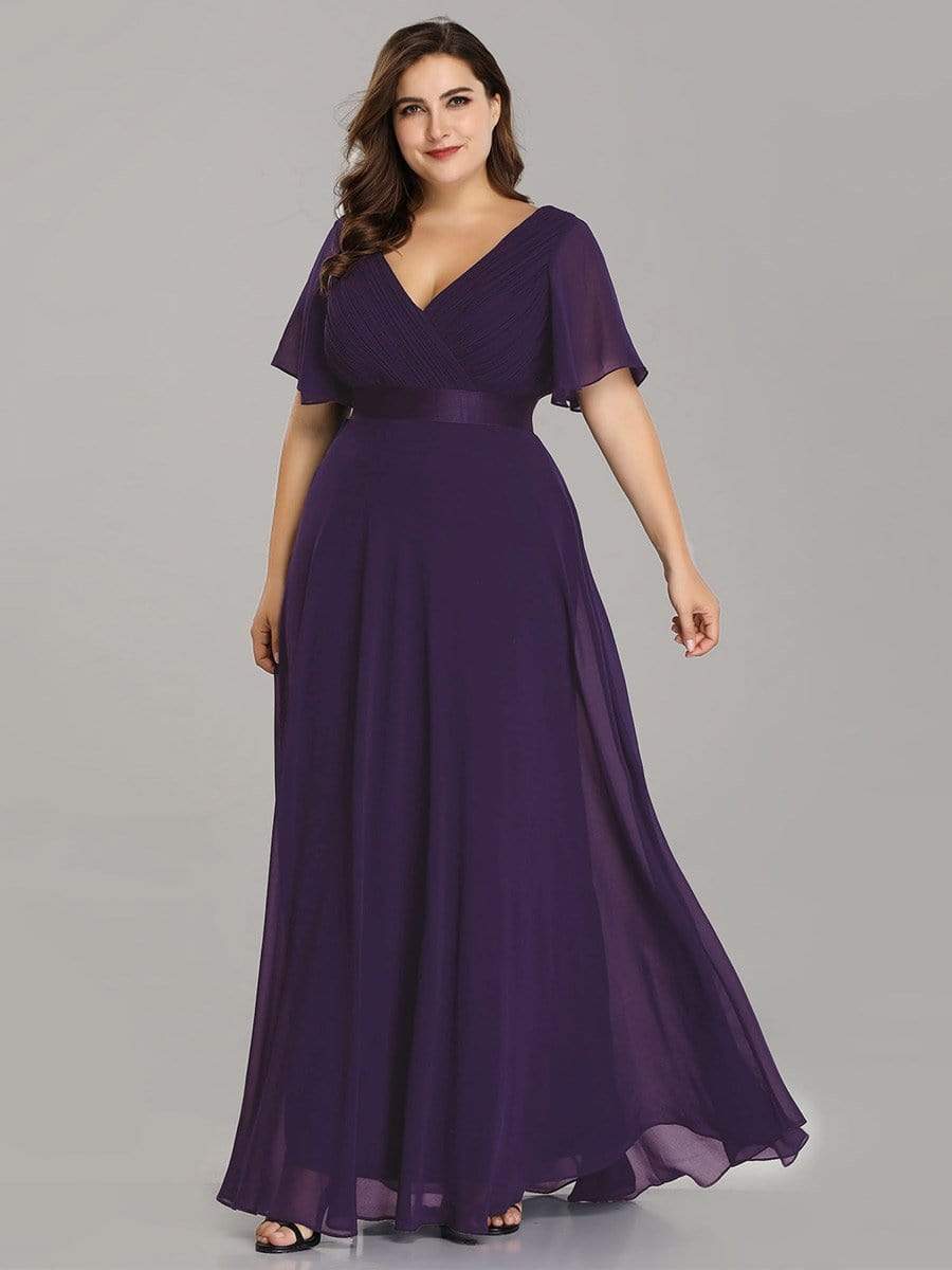 Long Chiffon Empire Waist Bridesmaid Dress with Short Flutter Sleeves