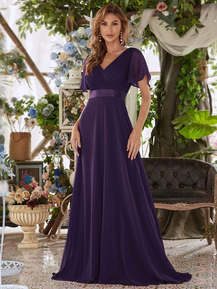 Double V Neck Long Empire Waist Chiffon Bridesmaid Dress - Ever-Pretty US