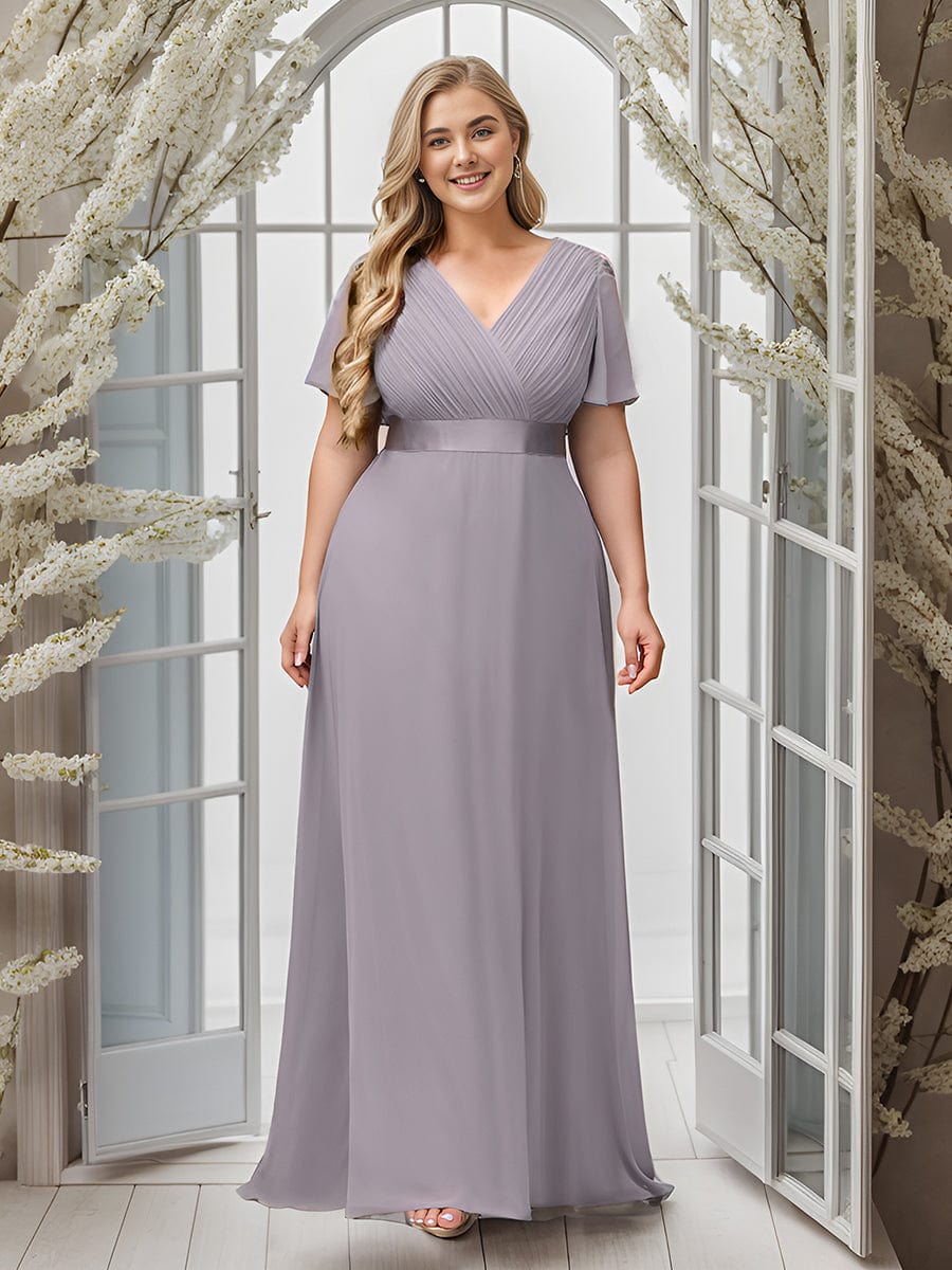 Long Chiffon Empire Waist Bridesmaid Dress with Short Flutter Sleeves