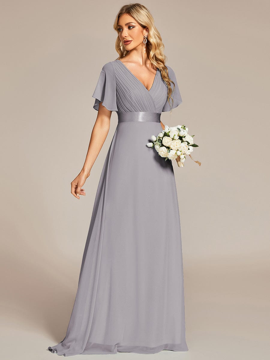 Long Chiffon Empire Waist Bridesmaid Dress with Short Flutter Sleeves