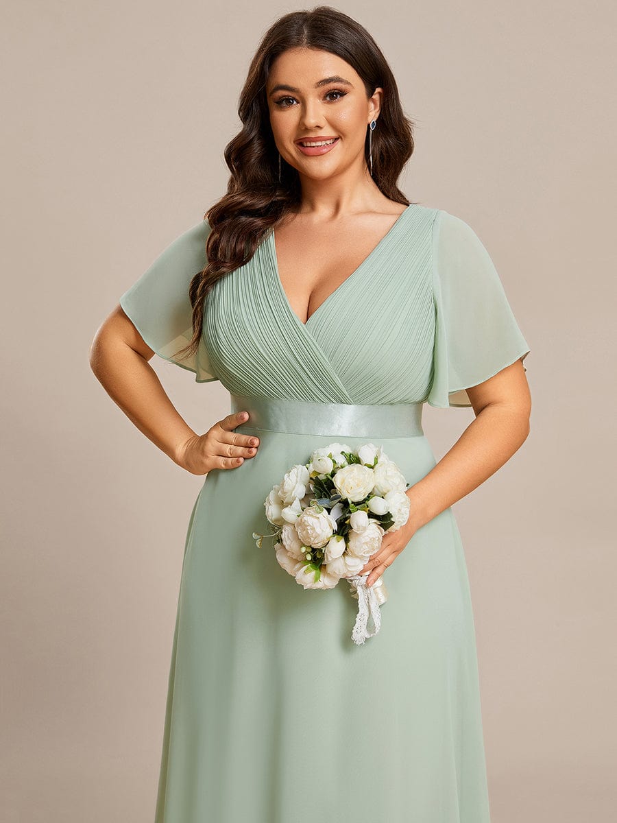 Long Chiffon Empire Waist Bridesmaid Dress with Short Flutter Sleeves