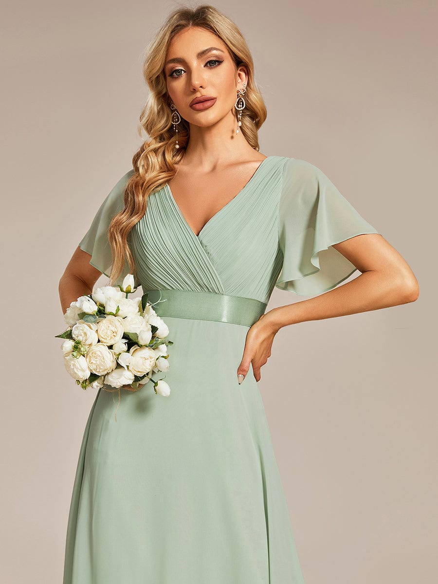 Long Chiffon Empire Waist Bridesmaid Dress with Short Flutter Sleeves