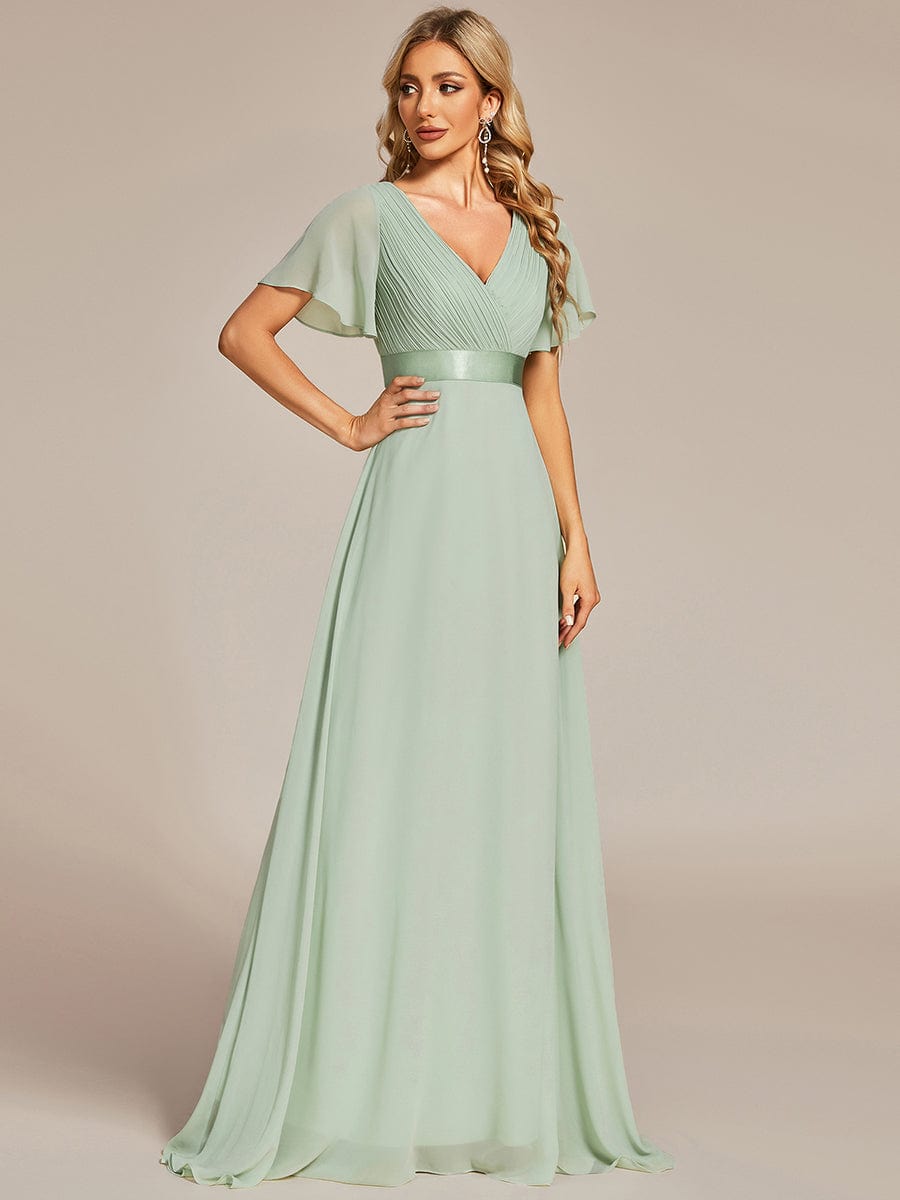 Long Chiffon Empire Waist Bridesmaid Dress with Short Flutter Sleeves