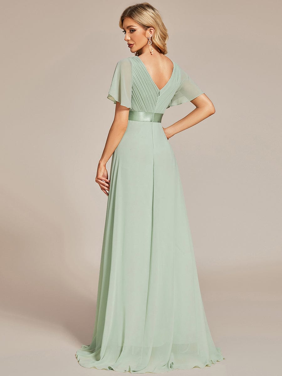 Long Chiffon Empire Waist Bridesmaid Dress with Short Flutter Sleeves