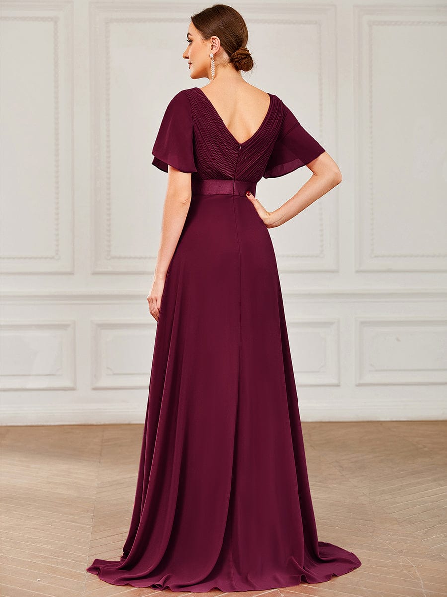 Long Chiffon Empire Waist Bridesmaid Dress with Short Flutter Sleeves