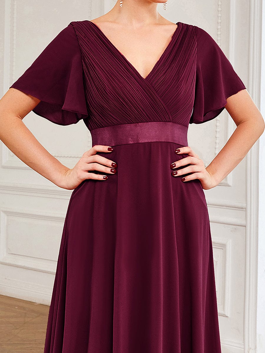 Long Chiffon Empire Waist Bridesmaid Dress with Short Flutter Sleeves