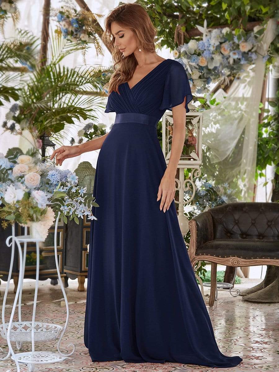 Long Chiffon Empire Waist Bridesmaid Dress with Short Flutter Sleeves