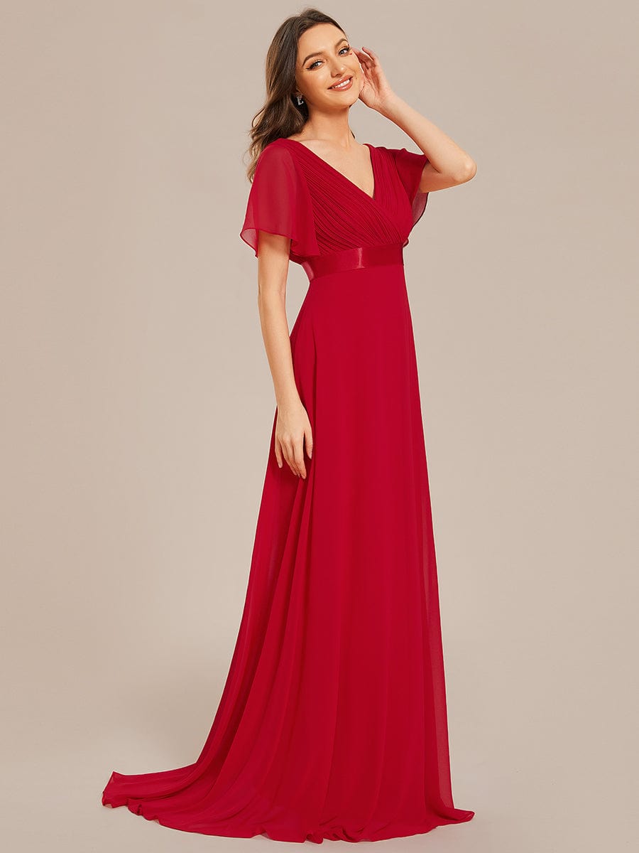 Long Chiffon Empire Waist Bridesmaid Dress with Short Flutter Sleeves