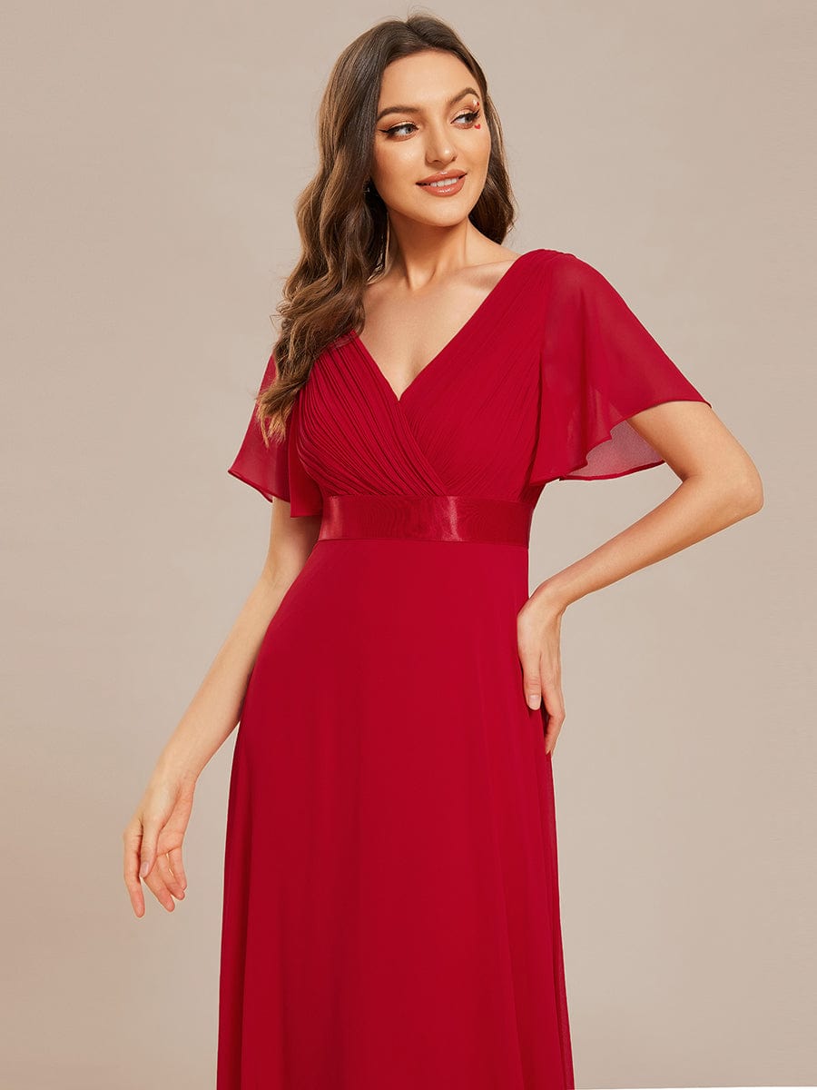 Long Chiffon Empire Waist Bridesmaid Dress with Short Flutter Sleeves