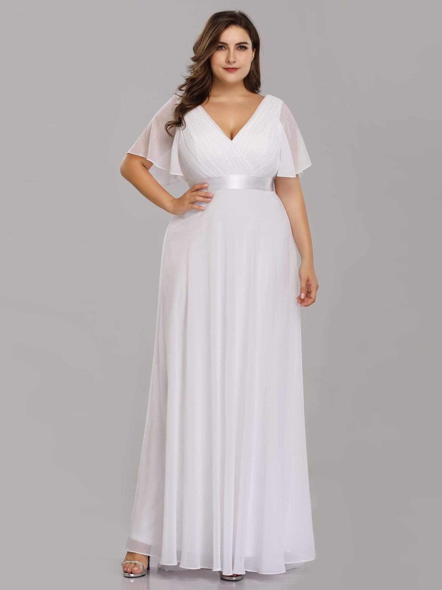 Long Chiffon Empire Waist Bridesmaid Dress with Short Flutter Sleeves