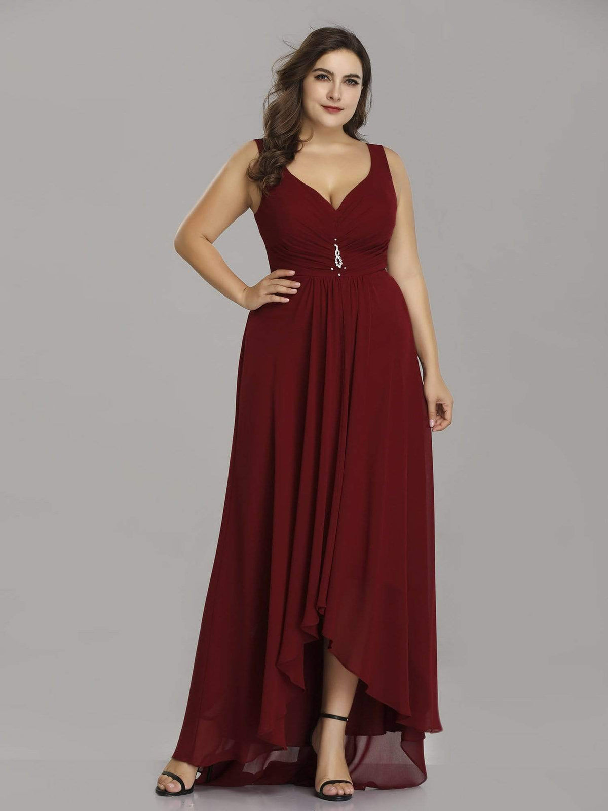 Color=Burgundy | Plus Size V-Neck High-Low Evening Dress-Burgundy 1