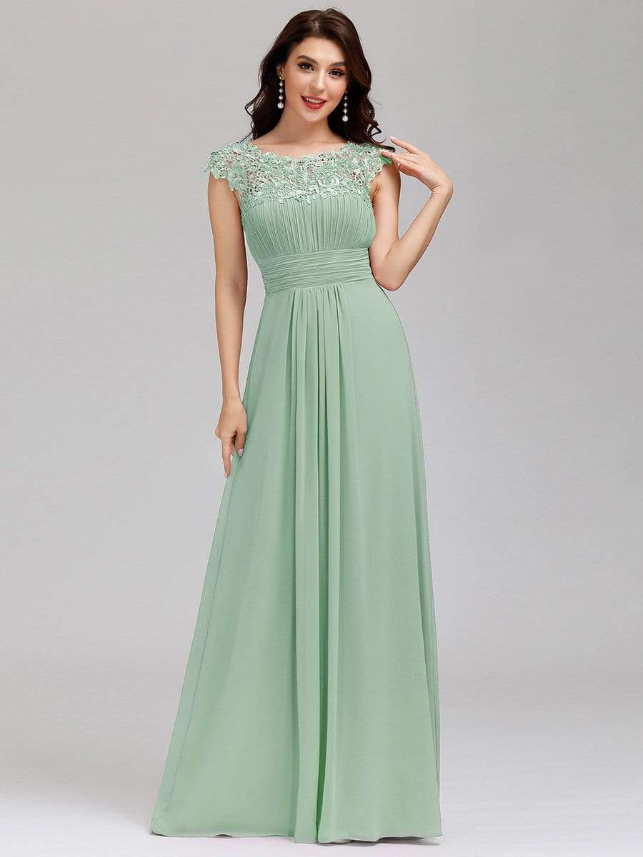 Elegant Lace Cap Sleeve Maxi Long Chiffon Bridesmaid Dress