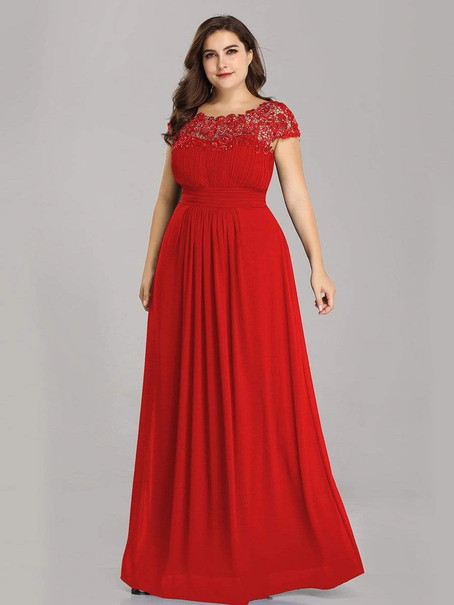 Plus Size Maxi Long Formal Lace Cap Sleeve Evening Dress