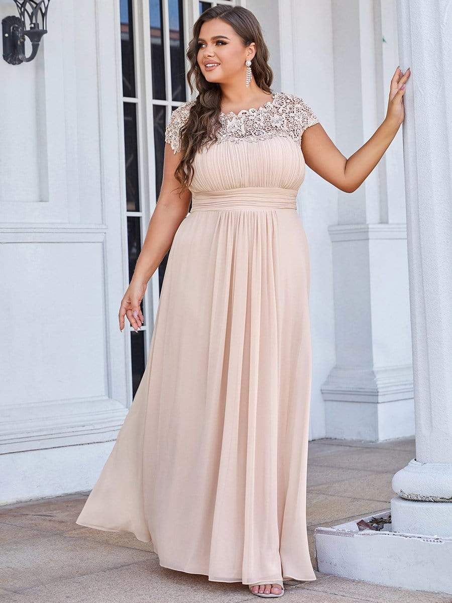 Plus Size Elegant Maxi Long Lace Cap Sleeve Bridesmaid Dress