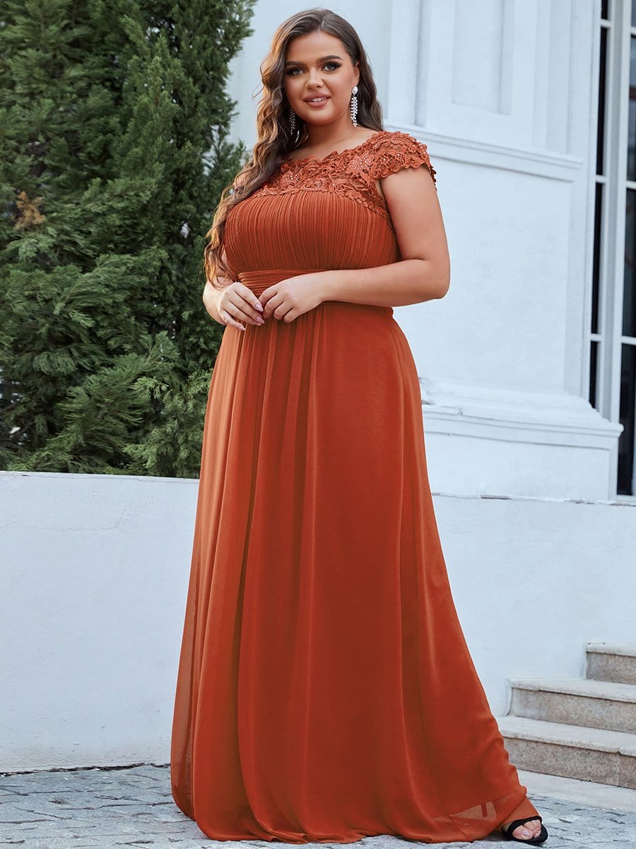 Plus Size Elegant Maxi Long Lace Cap Sleeve Bridesmaid Dress