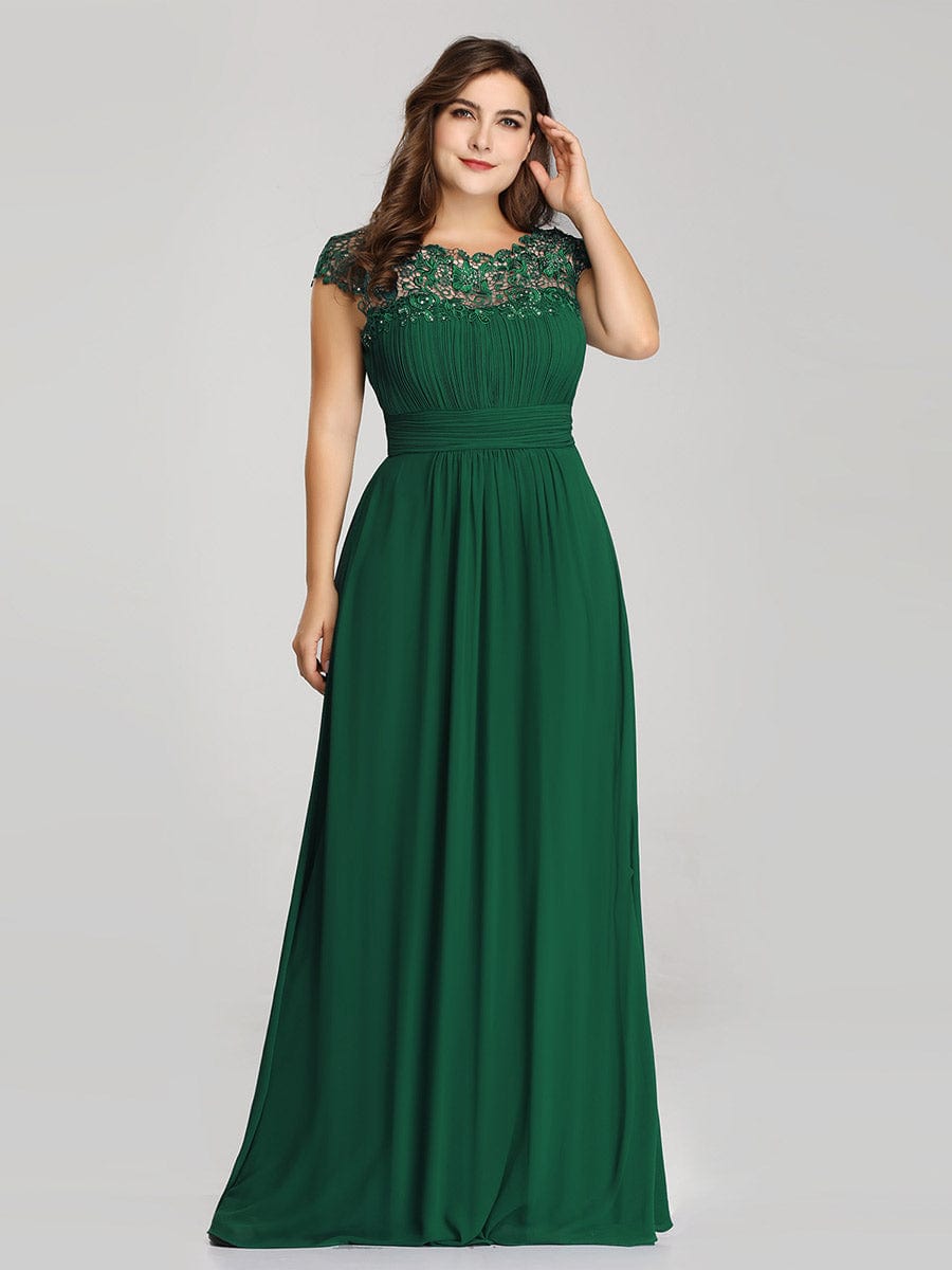 Plus Size Elegant Maxi Long Lace Cap Sleeve Bridesmaid Dress