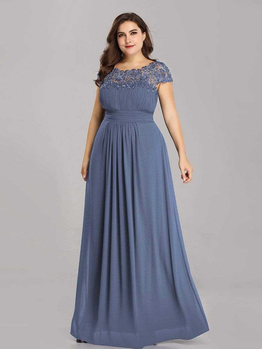 Plus Size Elegant Maxi Long Lace Cap Sleeve Bridesmaid Dress