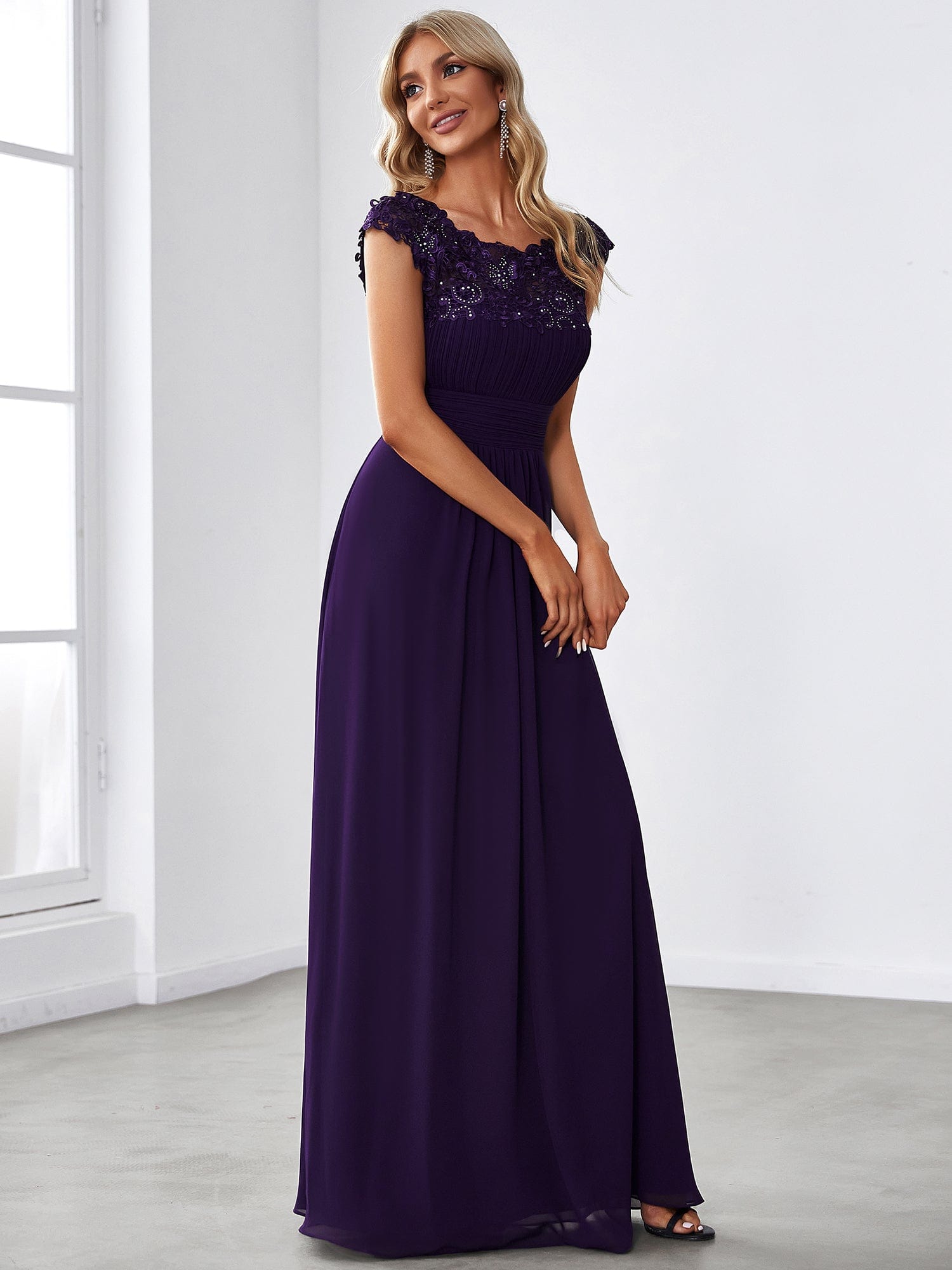 Maxi Lace Cap Sleeve Long Formal Evening Dress