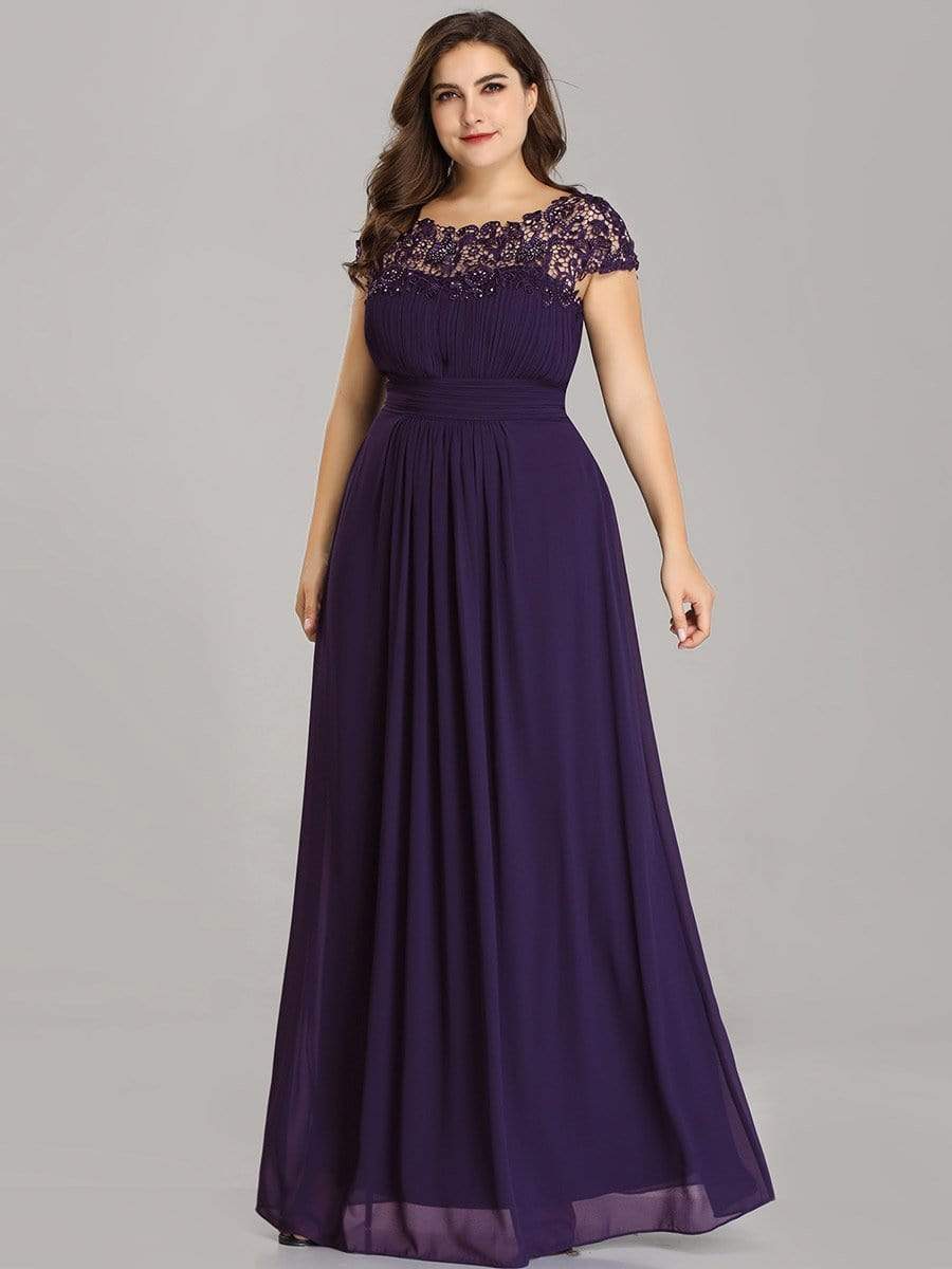 Plus Size Elegant Maxi Long Lace Cap Sleeve Bridesmaid Dress