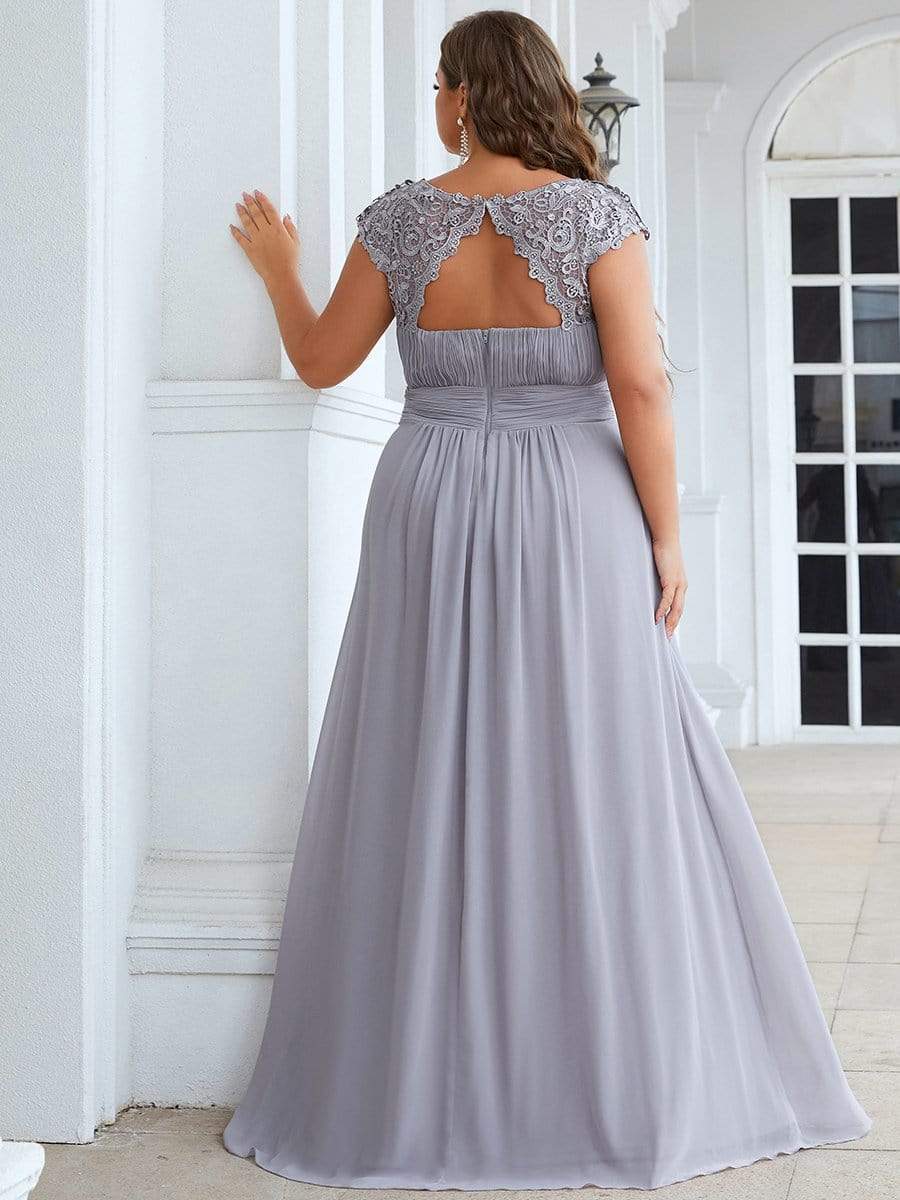 Plus Size Elegant Maxi Long Lace Cap Sleeve Bridesmaid Dress