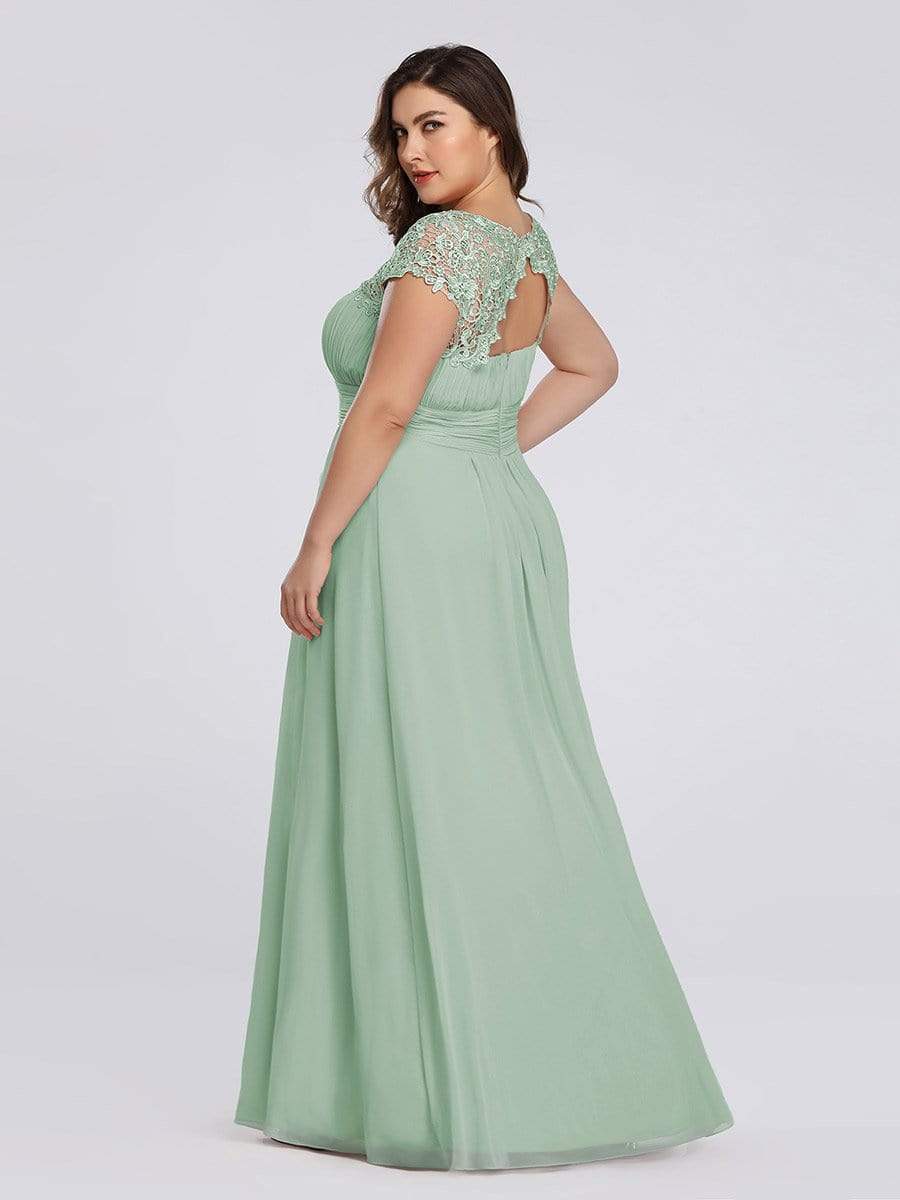 Plus Size Elegant Maxi Long Lace Cap Sleeve Bridesmaid Dress