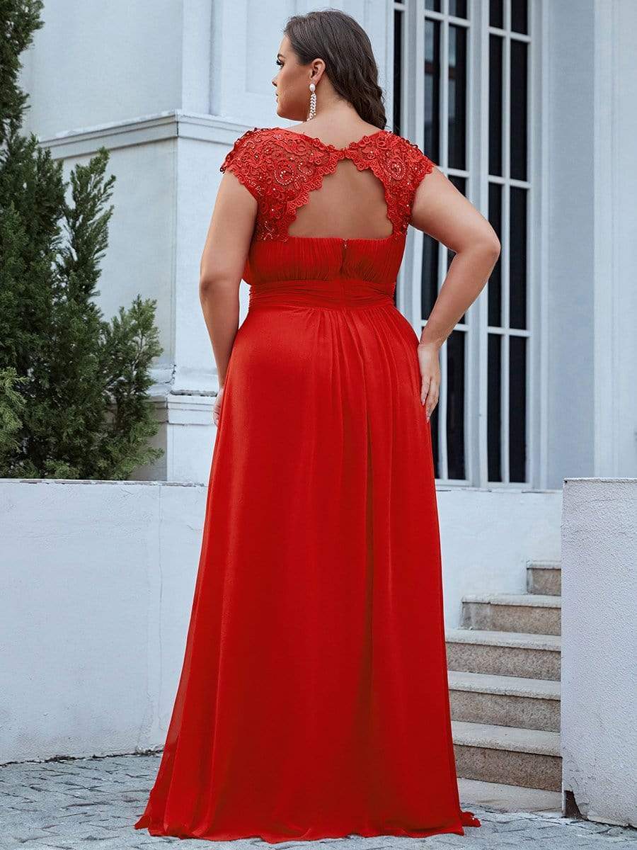 Plus Size Elegant Maxi Long Lace Cap Sleeve Bridesmaid Dress