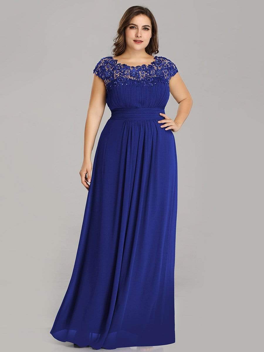 Plus Size Elegant Maxi Long Lace Cap Sleeve Bridesmaid Dress