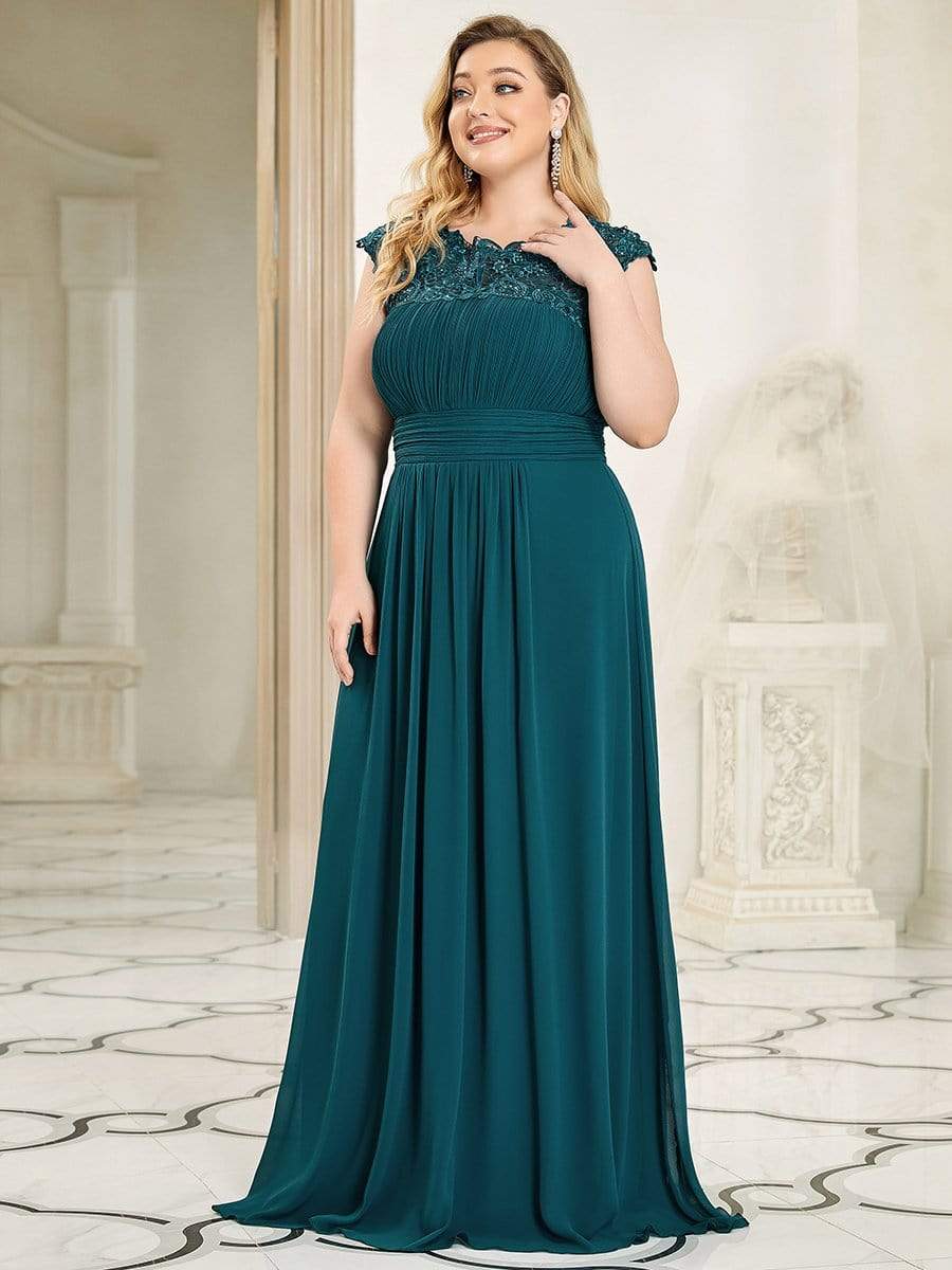 Plus Size Elegant Maxi Long Lace Cap Sleeve Bridesmaid Dress