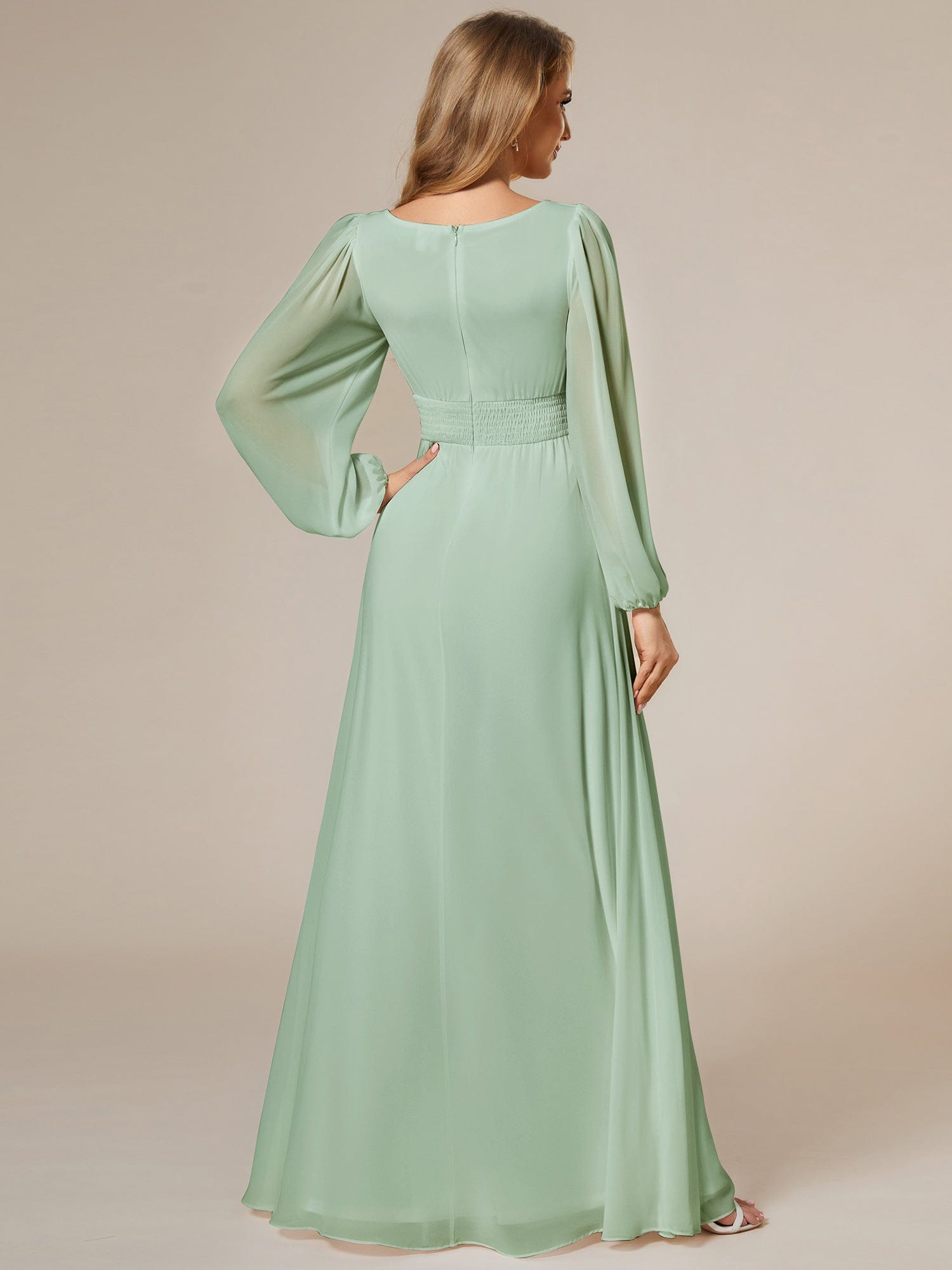 Custom Size See-Through Puff Sleeve Chiffon Bridesmaid Dress