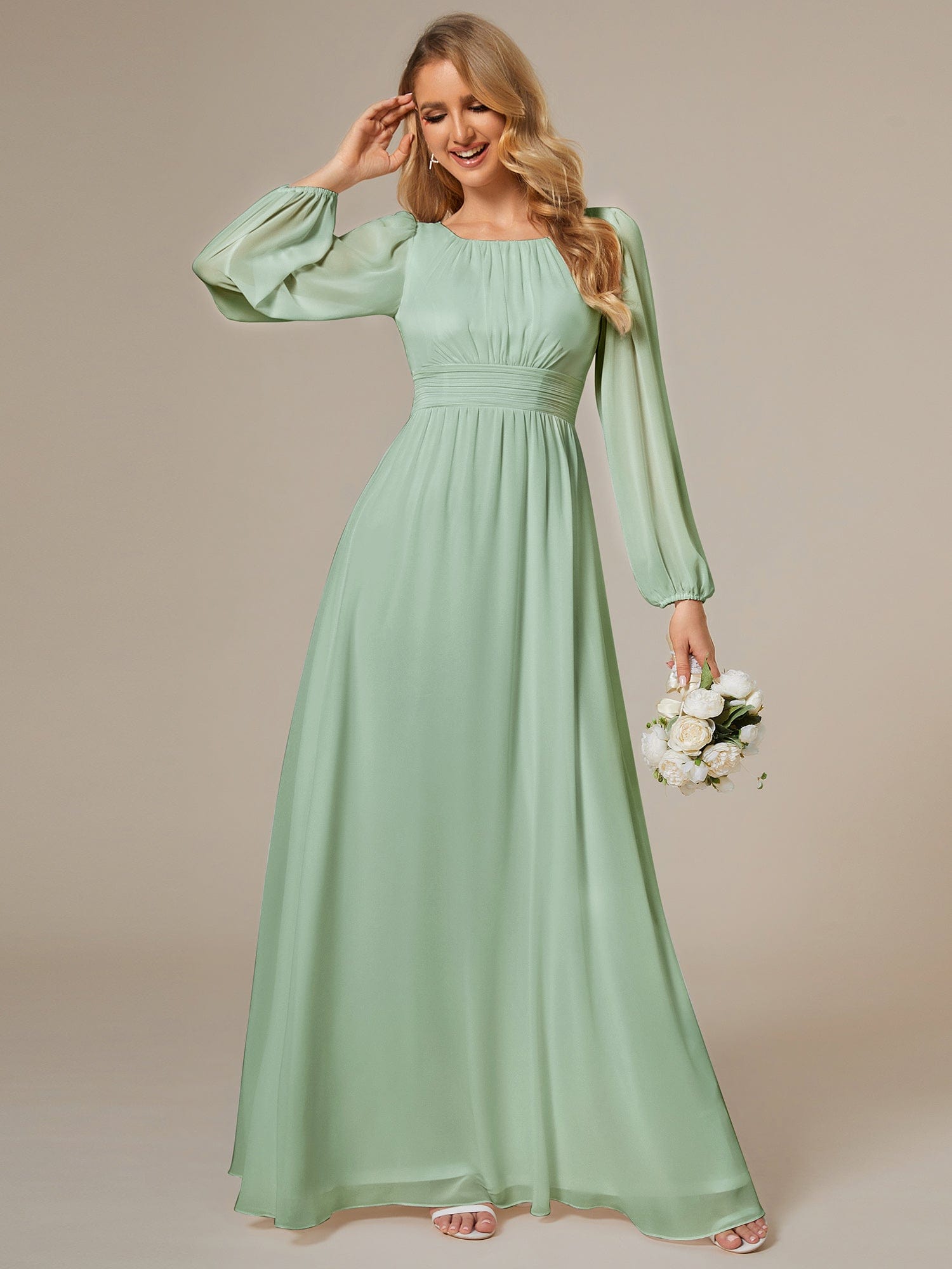 Custom Size See-Through Puff Sleeve Chiffon Bridesmaid Dress