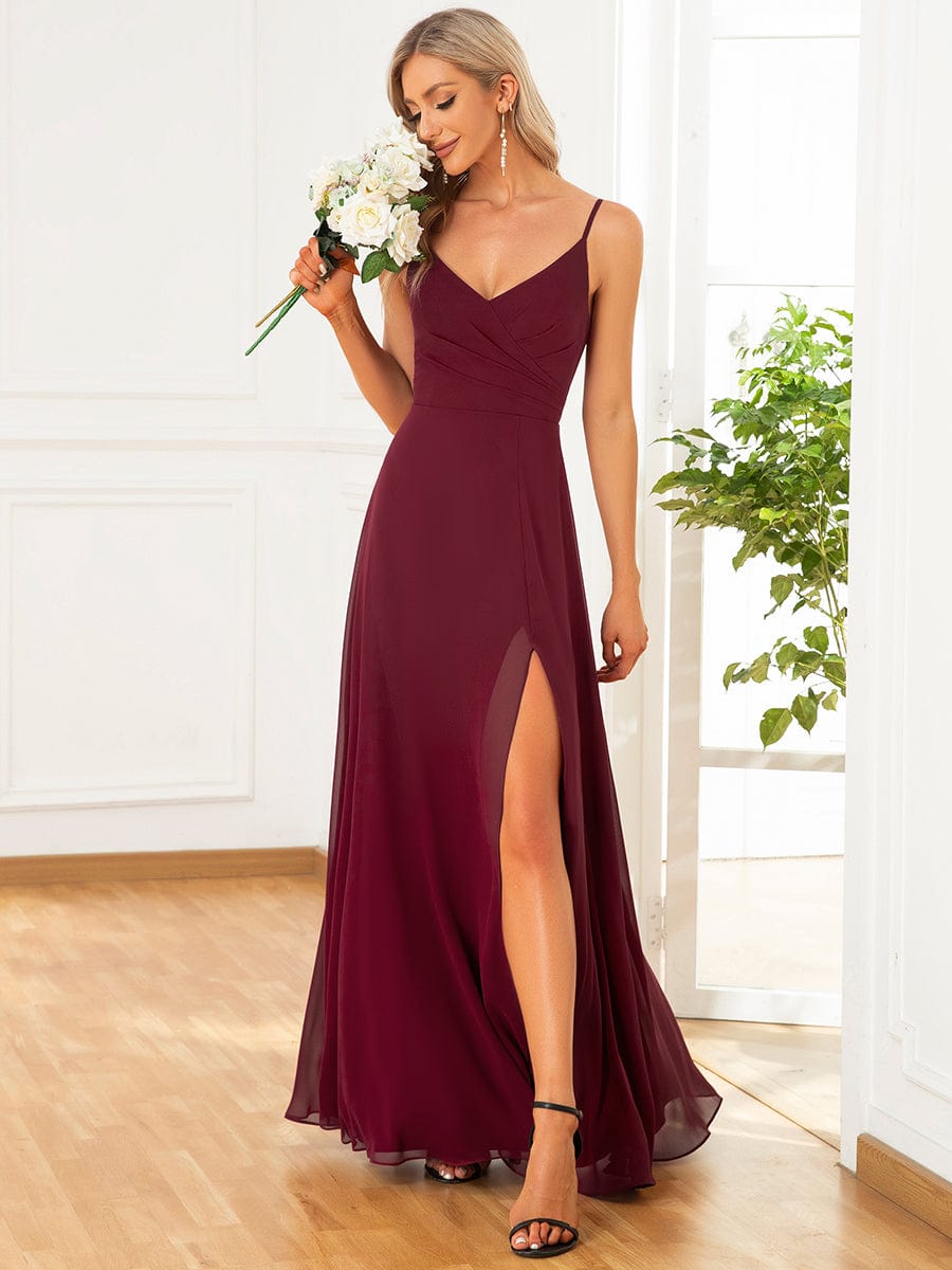 Pleated V-Neck Spaghetti Strap High Slit Bridesmaid Dress