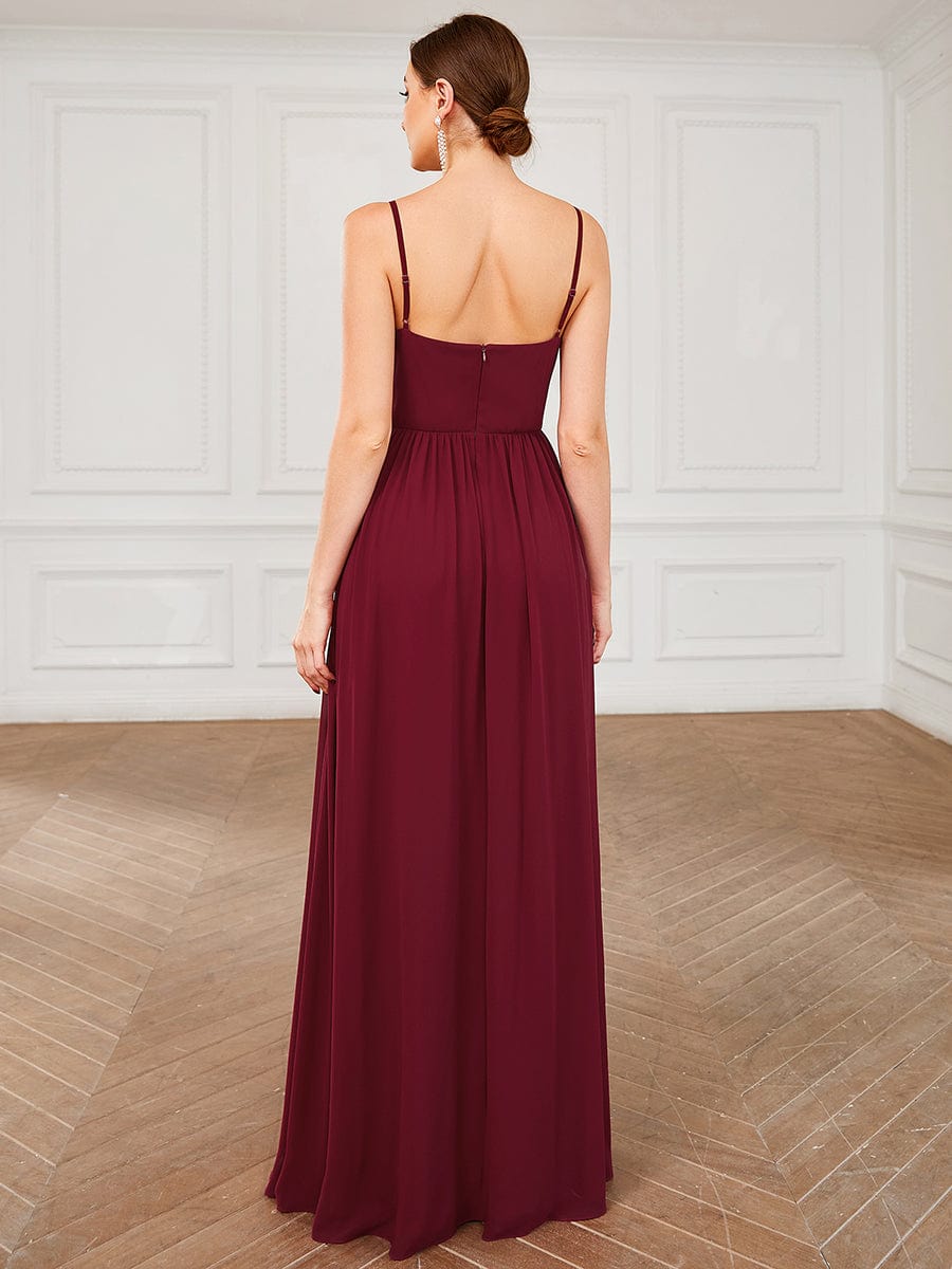 Chiffon Plunging V-Neck Spaghetti Strap Ruched A-Line Front Slit Bridesmaid Dress