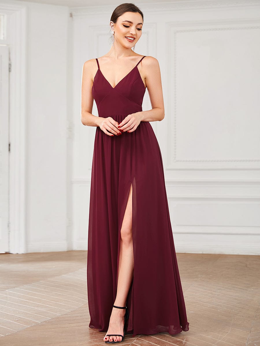 Chiffon Plunging V-Neck Spaghetti Strap Ruched A-Line Front Slit Bridesmaid Dress