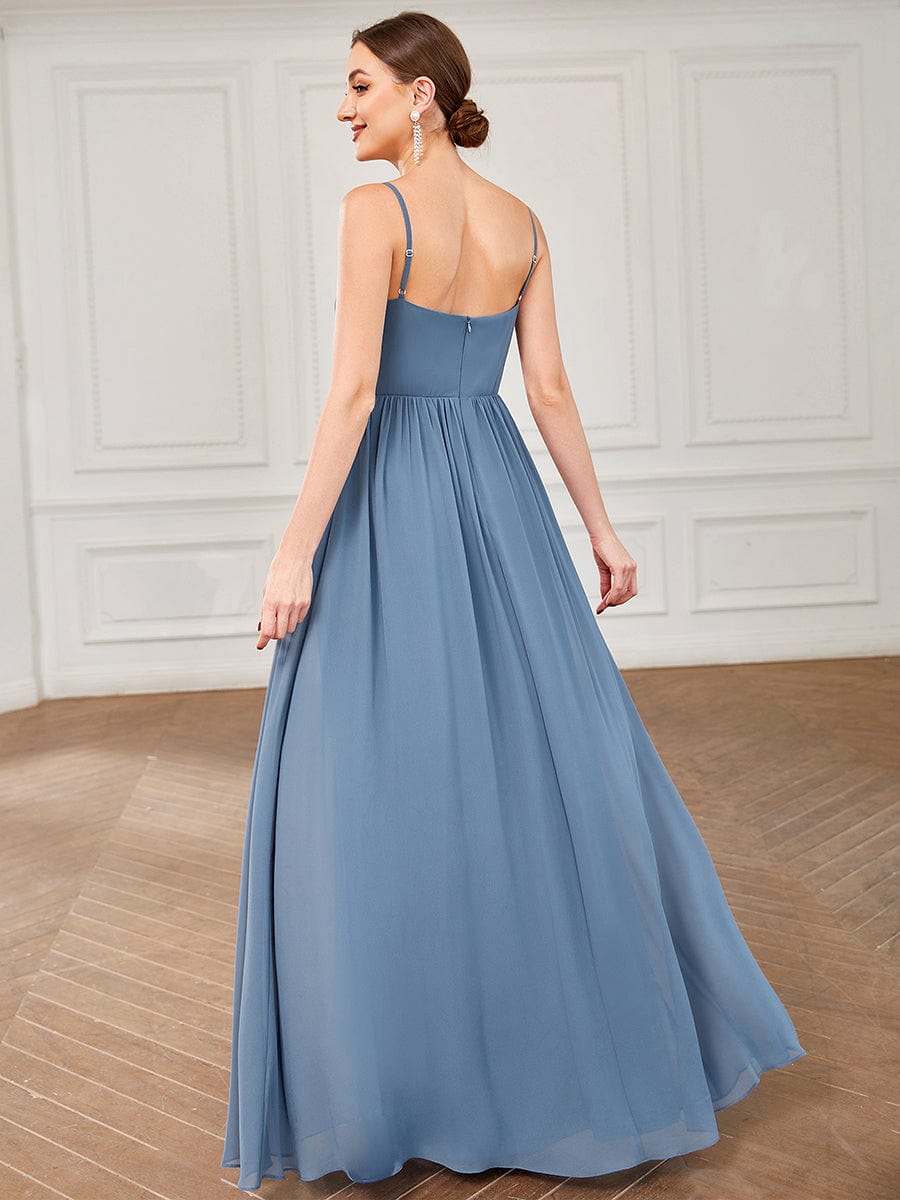 Chiffon Plunging V-Neck Spaghetti Strap Ruched A-Line Front Slit Bridesmaid Dress