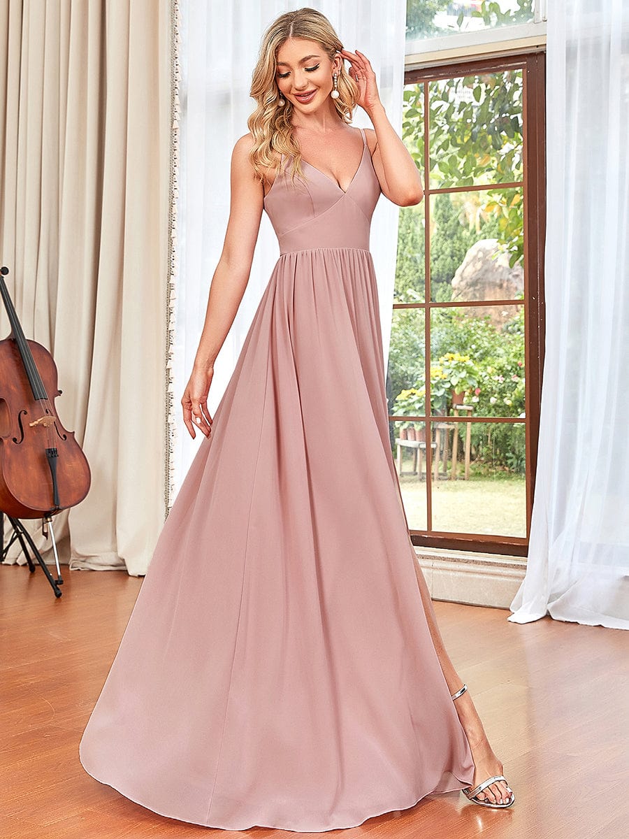 Chiffon Plunging V-Neck Spaghetti Strap Ruched A-Line Front Slit Bridesmaid Dress