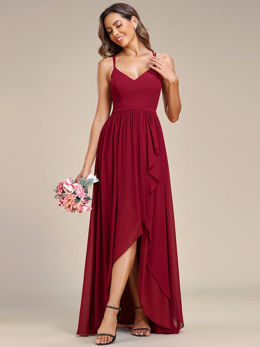 Chiffon Spaghetti Strap Ruffled Front Slit A-Line Bridesmaid Dress