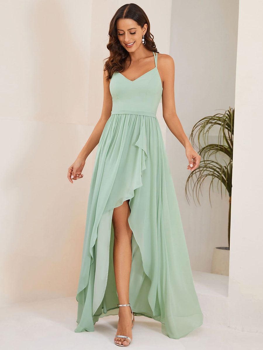 Chiffon Spaghetti Strap Ruffled Front Slit A-Line Bridesmaid Dress