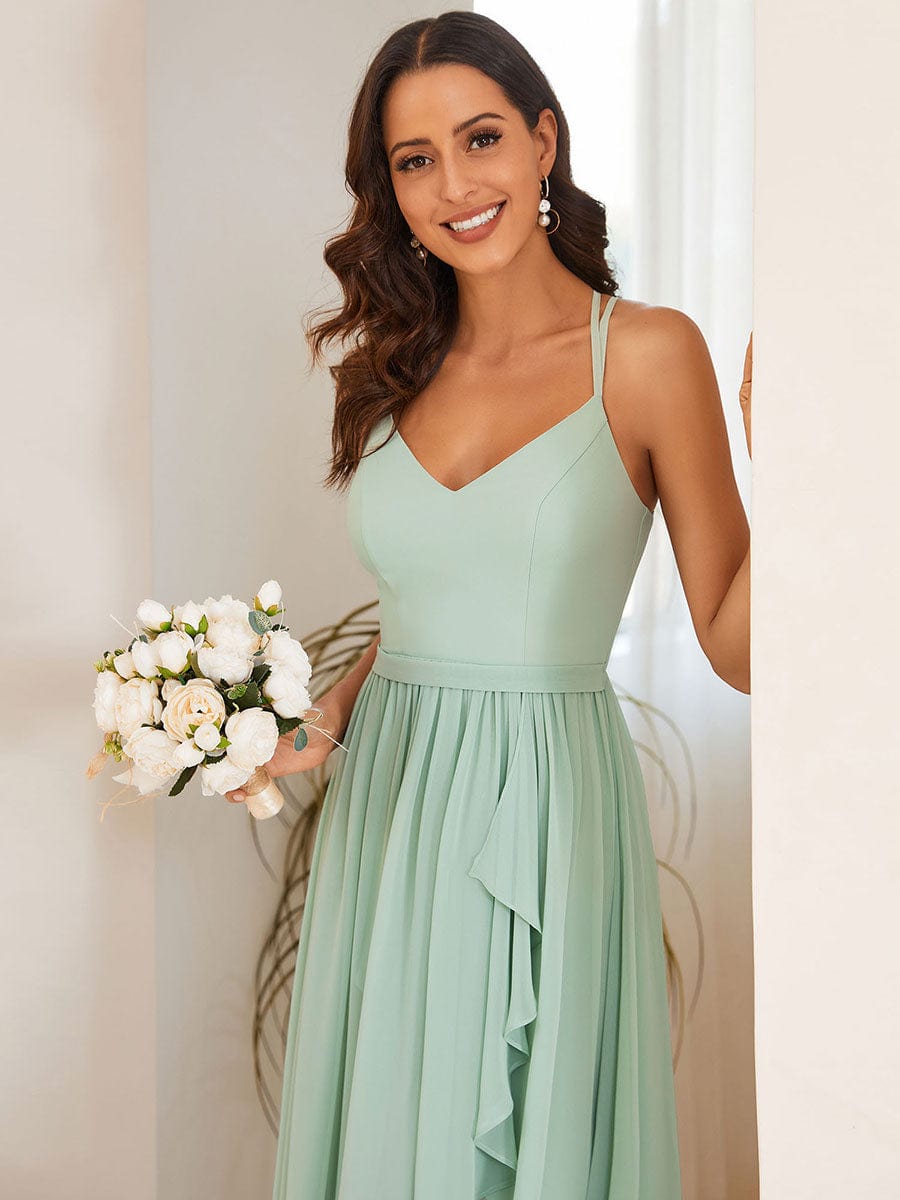 Chiffon Spaghetti Strap Ruffled Front Slit A-Line Bridesmaid Dress