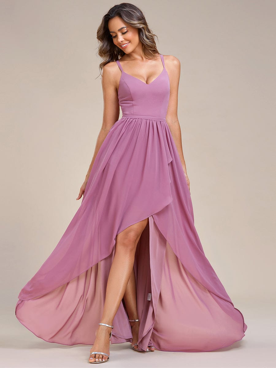 Chiffon Spaghetti Strap Ruffled Front Slit A-Line Bridesmaid Dress