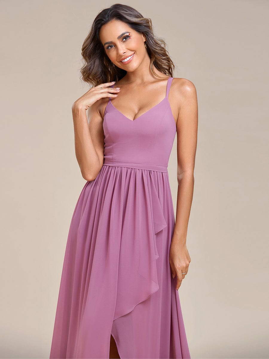 Chiffon Spaghetti Strap Ruffled Front Slit A-Line Bridesmaid Dress