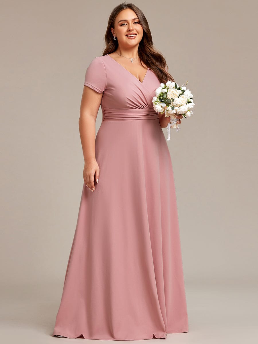 Plus Size Pleated V-Neck Short Sleeves Empire Waist A-Line Bridesmaid Dress