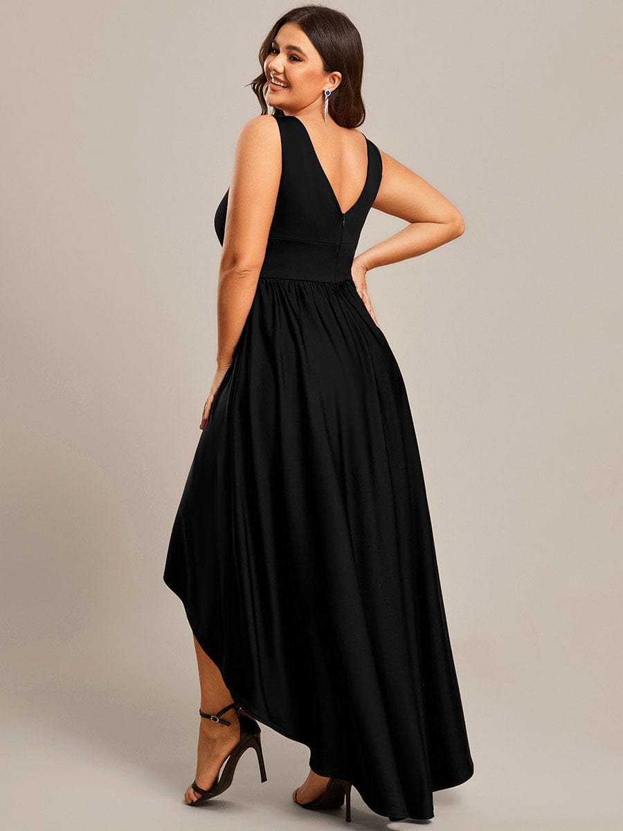 Plus Size Elegant High-Low Sleeveless Empire Waist Birdesmaid Dress #color_Black