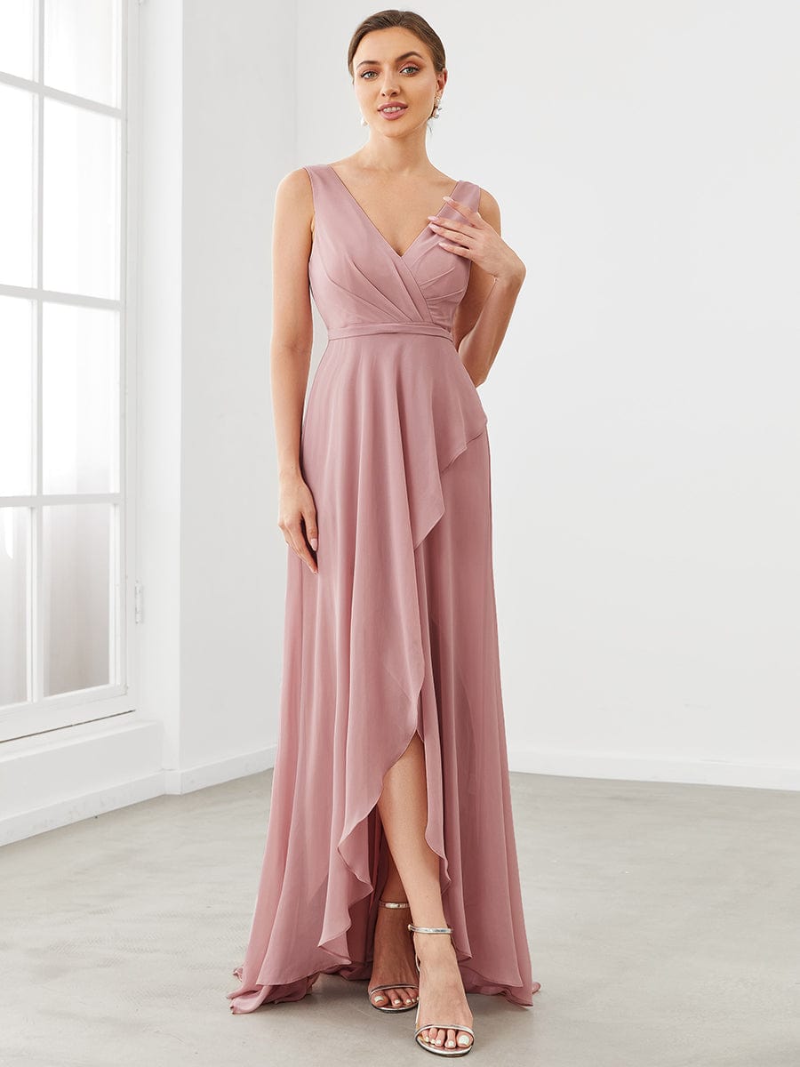 Chiffon Ruffled Hem Front Slit V-Neck Sleeveless Bridesmaid Dress