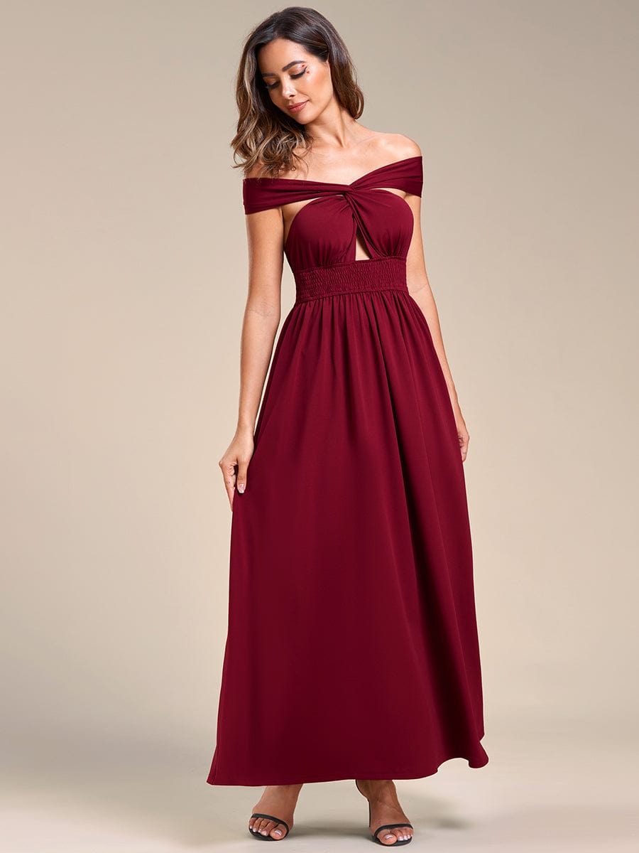 Convertible Halter A-Line Elastic Waist Tea Length Backless Bridesmaid Dress