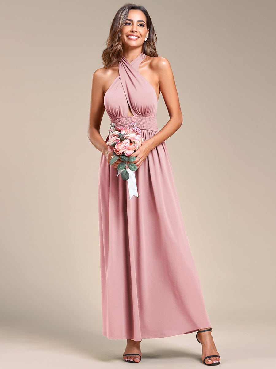 Convertible Halter A-Line Elastic Waist Tea Length Backless Bridesmaid Dress