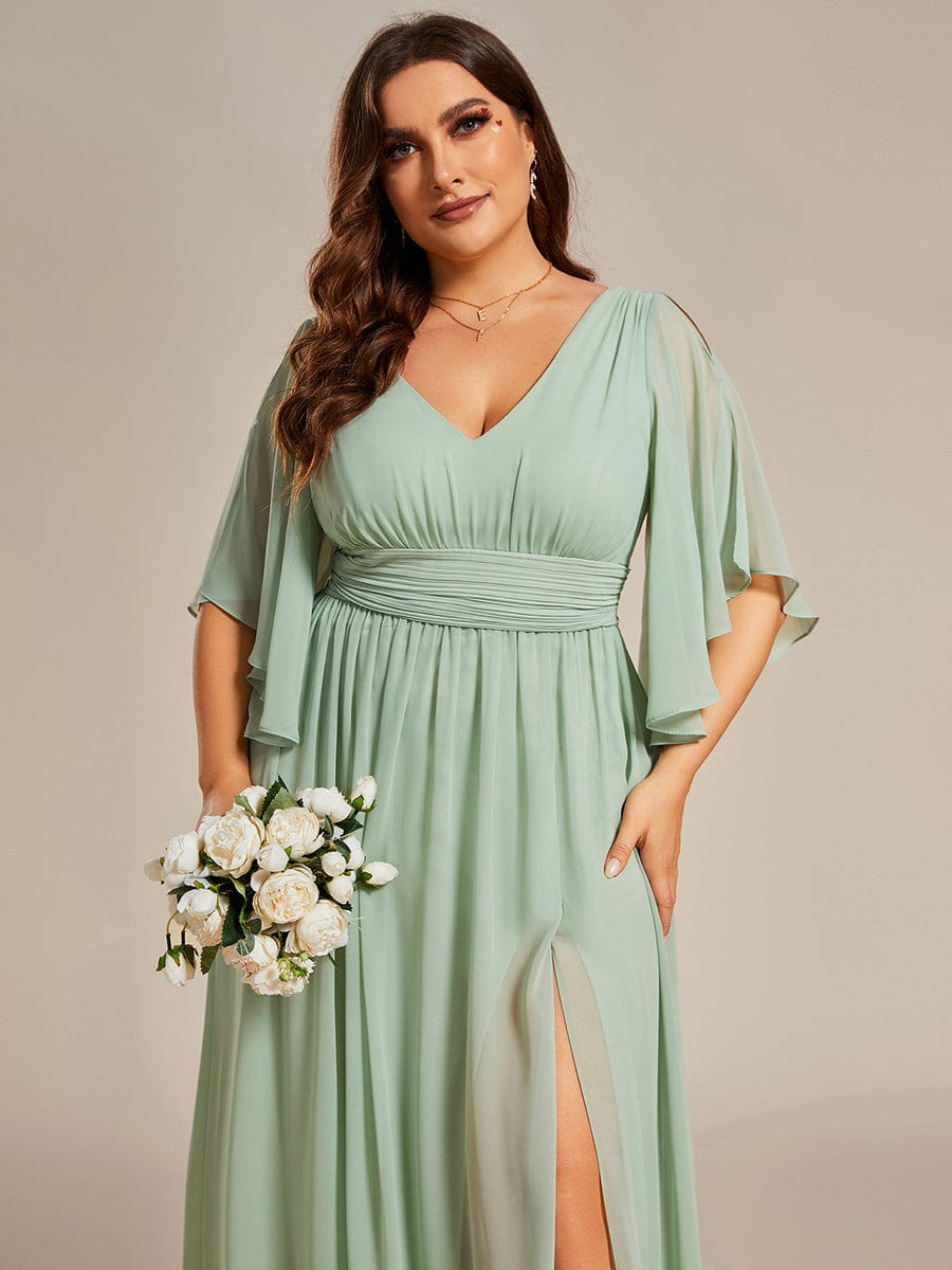 Half Sleeve V-Neck Pleated High Slit A-Line Chiffon Bridesmaid Dress