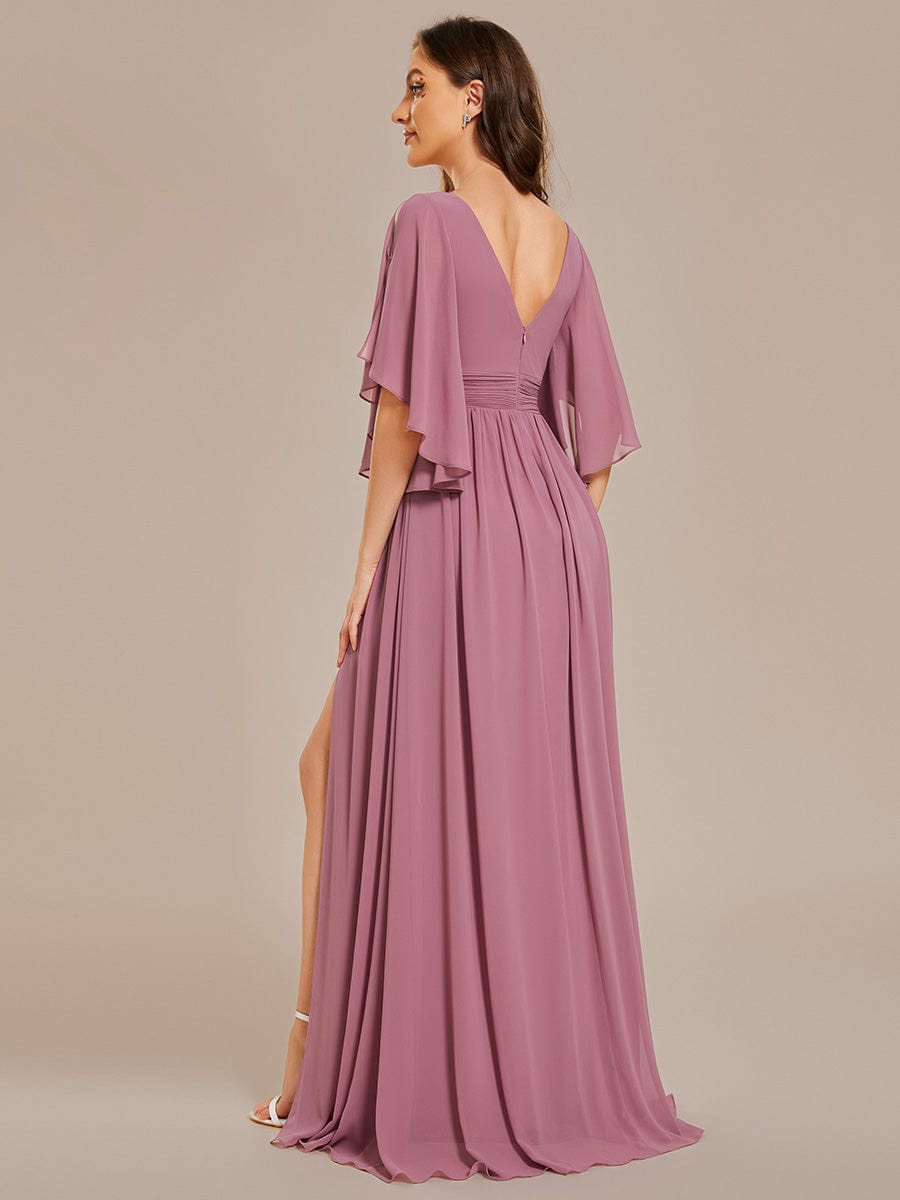 Half Sleeve V-Neck Pleated High Slit A-Line Chiffon Bridesmaid Dress