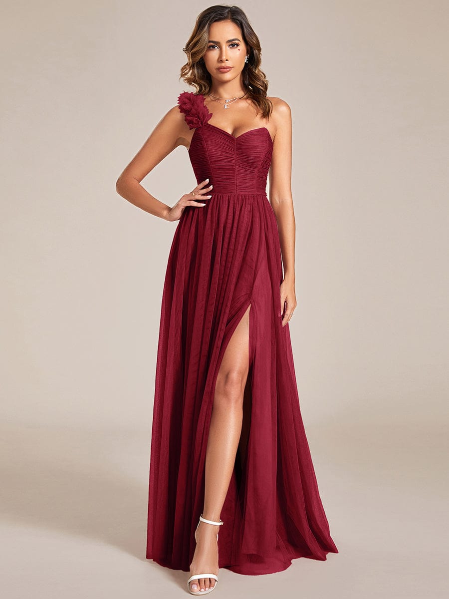 Sweetheart Neckline One Shoulder with Floral Tulle High Slit Bridesmaid Dress