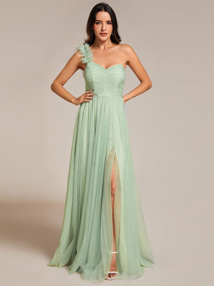 Sweetheart Neckline One Shoulder with Floral Tulle High Slit Bridesmaid Dress