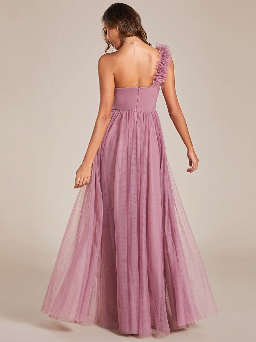 Sweetheart Neckline One Shoulder with Floral Tulle High Slit Bridesmaid Dress